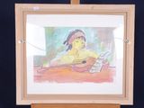 painting of a man with a guitar on a easel in front of a black background
