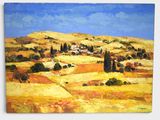 an oil painting of a landscape with hills and trees on a sunny day