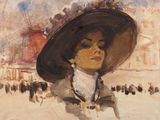 painting of a woman wearing a large hat in front of a crowd