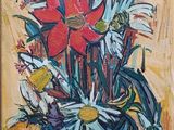 a painting of a blue vase with flowers in it