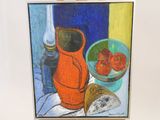 une peinture représentant un vase et un bol de fraises posés sur une table