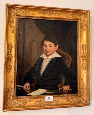 un tableau représentant un jeune garçon assis à un bureau