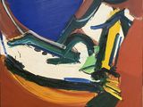 une peinture représentant une peinture d'un bateau sur un fond rouge
