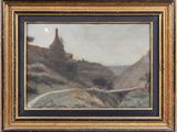 une image représentant un tableau représentant un paysage de montagne avec un pont