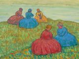 tableau représentant un groupe de femmes assises dans un champ d'herbe