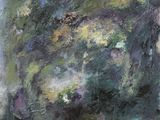 an oil painting of a green and purple landscape with trees