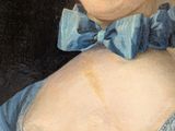 a painting of a woman wearing a blue dress and a blue bow tie