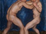 an oil painting of two men wrestling each other on a blue background