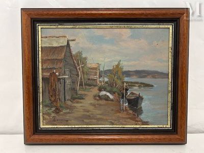 une photo d'un tableau représentant un village au bord de l'eau