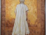 tableau représentant un homme vêtu d'une robe blanche et d'un turban, debout devant un mur jaune