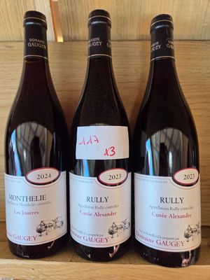trois bouteilles de vin rouge sont posées sur une étagère dans un caviste