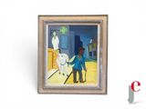 un tableau représentant un homme promenant un chien en laisse
