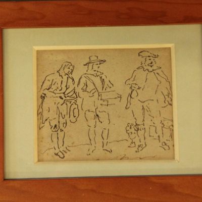 drawing of a group of men standing next to each other in a wooden frame