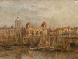 tableau représentant une vue d'un port avec des bateaux et des bâtiments en arrière-plan