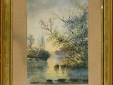 l'image d'une peinture représentant une rivière avec des arbres en arrière-plan