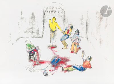 drawing of a group of people in a room with blood on the floor