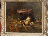 painting of a still life with onions, apples, and a pot