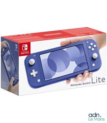 nintendo switch lite in a blue box with a hand holding it