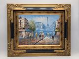 an oil painting of a city scene with people walking down the street