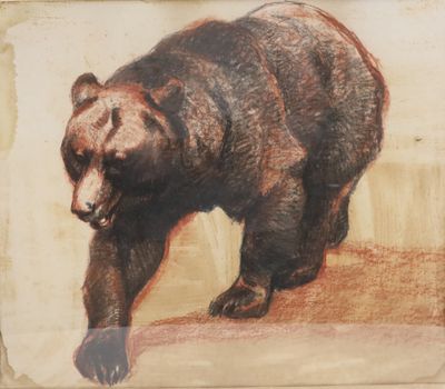 painting of a brown bear walking on the ground in front of a wall