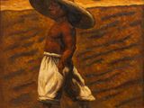 painting of a man with a large hat walking across a field