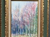 a painting of a painting of a forest with trees in the background