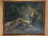 une peinture à l'huile représentant un homme et une femme debout devant un plan d'eau