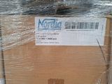 a cardboard box wrapped in plastic with a sticker on it