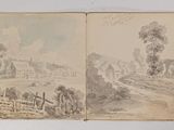 two drawings of a landscape with trees and a road in the foreground