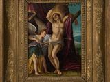 une peinture à l'huile représentant Jésus sur la croix, entouré d'anges et d'un enfant
