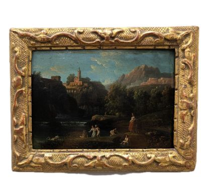 une image représentant un tableau où l'on voit un homme et un chien dans un paysage