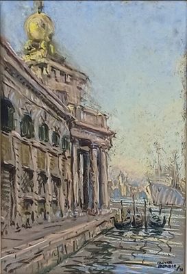 a painting of a boat in the water next to a building