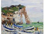 tableau représentant des bateaux sur une plage, avec une falaise en arrière-plan
