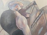 un tableau représentant une femme assise sur une chaise avec une valise
