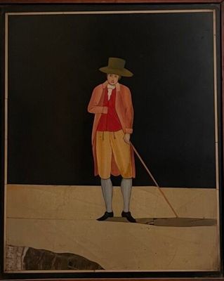 painting of a man in a red coat and yellow pants with a cane