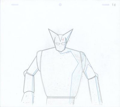 dessin d'un robot sur fond blanc, avec un œil rouge