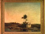 une image représentant un tableau représentant un paysage désertique avec une maison et des palmiers