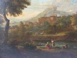 peinture représentant un tableau représentant un paysage avec une rivière et un château