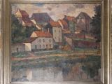 an oil painting of a village by a river in a gold frame