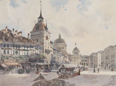 a painting of a street scene with a horse drawn carriage