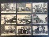 several old black and white photographs of people and horses in a town