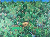 tableau représentant une scène forestière avec une maison au milieu des bois