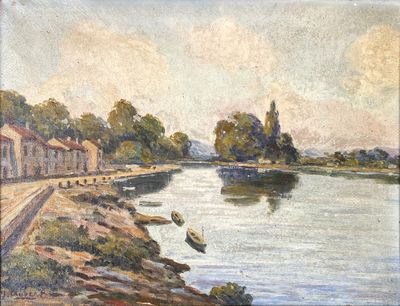 a painting of a river with boats on it