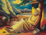 painting of a man sitting under a tree reading a book