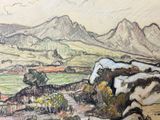 drawing of a landscape with mountains and a river in the foreground