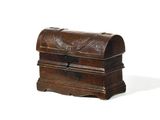 an old wooden chest with a lock on top of it