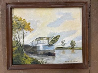 une peinture représentant un bateau à la surface de l'eau