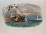 a painting of a boat in the water with a lighthouse in the background