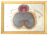 painting of a woman with a pink breast on a white background