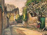 tableau représentant une femme marchant dans une rue d'un village